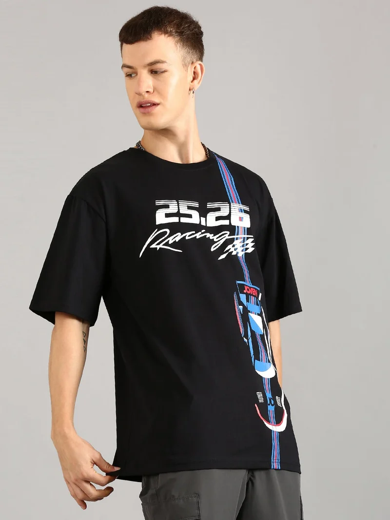 جوفن تيشيرت رجالي قطن خالص أسود مطبوع مقاس كبير